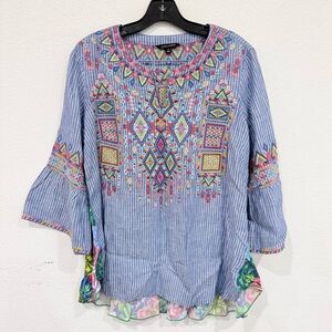 John Mark Striped Embroidered Floral Blouse Women’s Size Small
